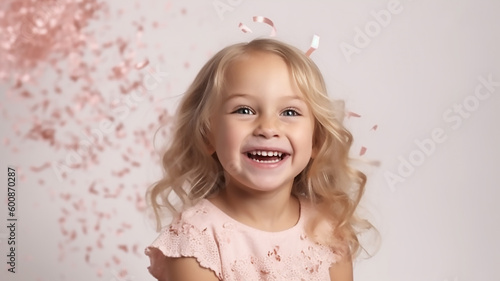 little girl blonde celebrating a birthday on a white background, a pink dress catches confeti, smiling, happy holiday concept generative AI tools 