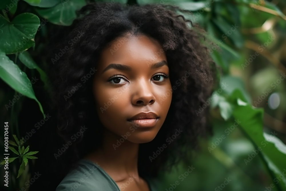 Connected with a nature, portrait of young beautiful african american woman with green exotixc plants background, generative AI tools Connected with a nature, portrait of young beautiful african american woman with green exotixc plants background, generative AI tools