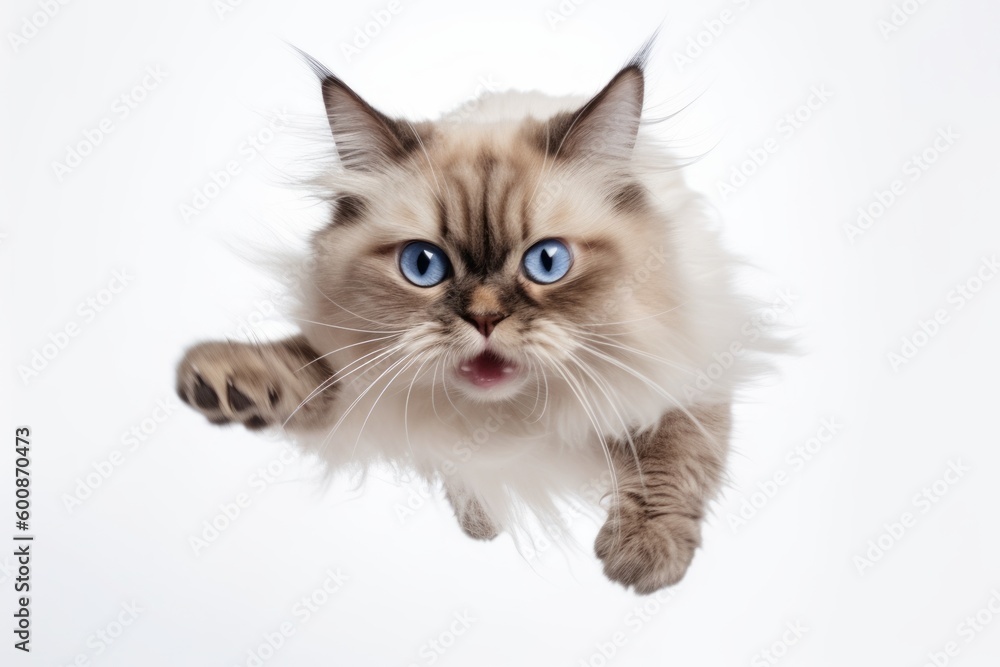 Medium shot portrait photography of an angry ragdoll cat jumping against a white background. With generative AI technology