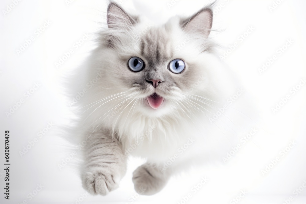 Lifestyle portrait photography of a happy ragdoll cat running against a white background. With generative AI technology