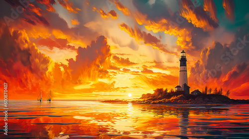 Low-Angle Perspective of Lighthouse, Sailboats, and Billowing Clouds at Sunset, Capturing the Essence of Seascape - Generative AI