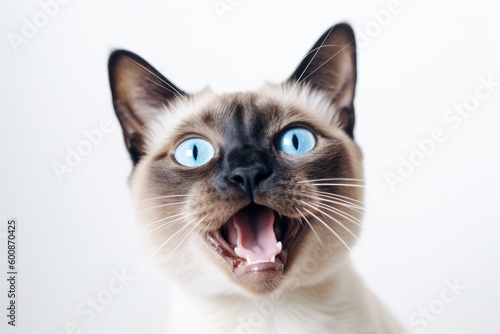 Medium shot portrait photography of a happy siamese cat eating against a white background. With generative AI technology © Markus Schröder