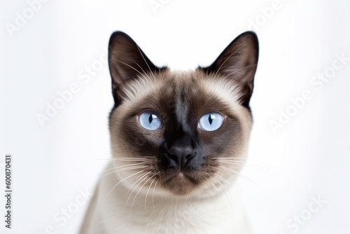 Medium shot portrait photography of a happy siamese cat eating against a white background. With generative AI technology