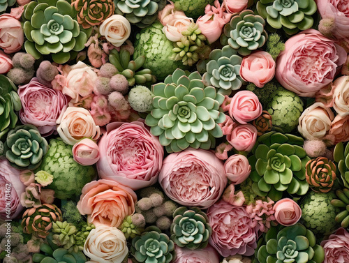 Fototapeta Naklejka Na Ścianę i Meble -  Colorful fresh peony and roses flowers with succulents. Floral background. Generative AI