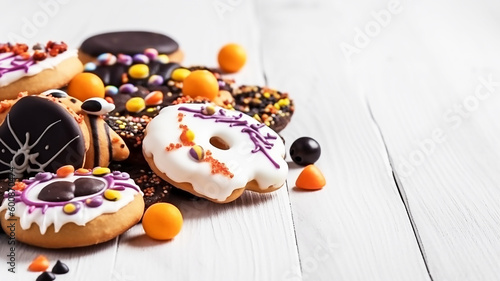 Halloween cookies on a white wooden table, generative AI tools 