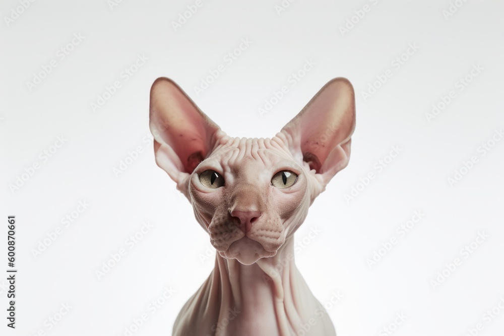 Lifestyle portrait photography of a happy sphynx cat back-arching against a white background. With generative AI technology