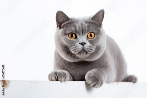 Full-length portrait photography of a smiling british shorthair cat climbing against a white background. With generative AI technology