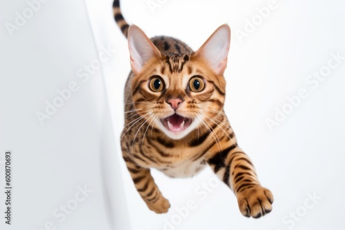 Lifestyle portrait photography of a smiling bengal cat hopping against a white background. With generative AI technology