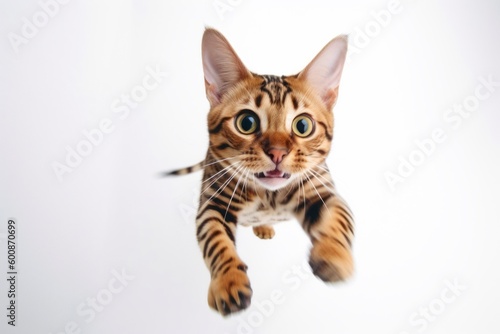 Lifestyle portrait photography of a smiling bengal cat hopping against a white background. With generative AI technology