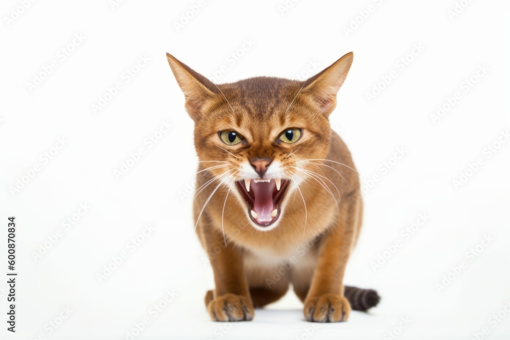 Environmental portrait photography of an angry abyssinian cat investigating against a white background. With generative AI technology