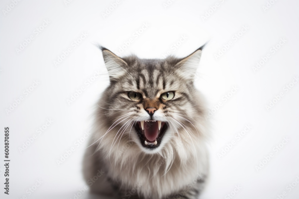 Lifestyle portrait photography of an angry siberian cat corner rubbing against a white background. With generative AI technology Lifestyle portrait photography of an angry siberian cat corner rubbing against a white background. With generative AI technology