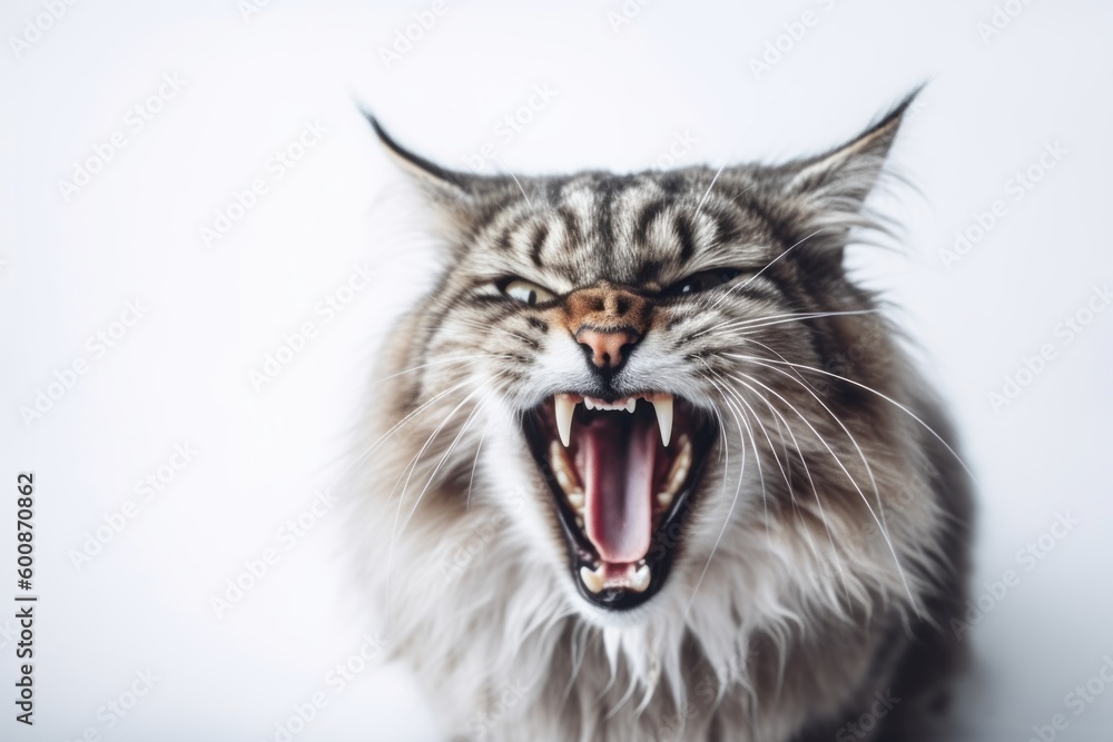 Obraz premium Lifestyle portrait photography of an angry siberian cat corner rubbing against a white background. With generative AI technology