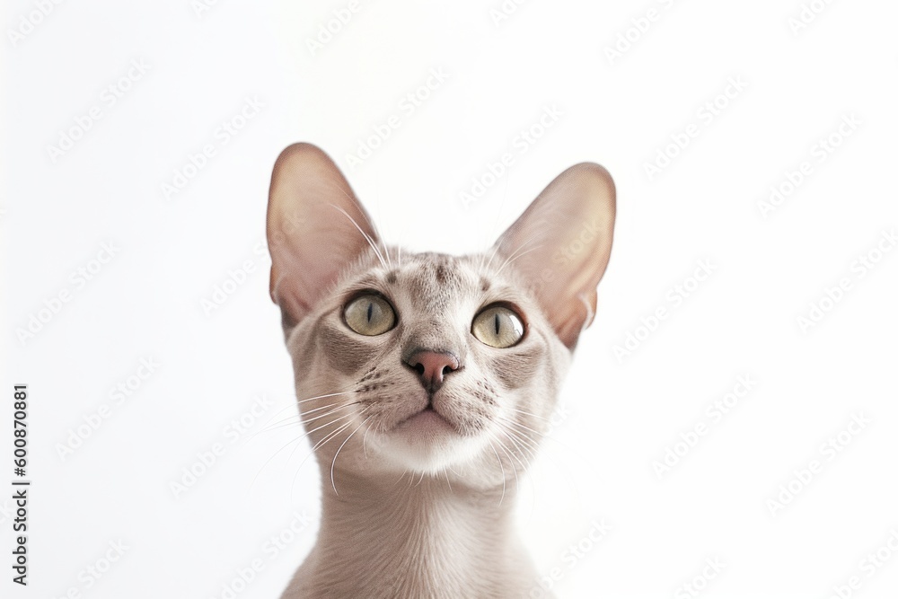 Medium shot portrait photography of a happy oriental shorthair cat back-arching against a white background. With generative AI technology