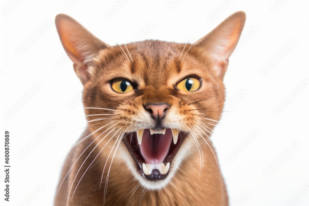 Environmental portrait photography of an angry abyssinian cat investigating against a white background. With generative AI technology