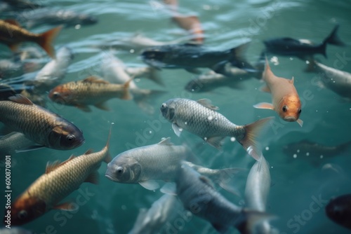 Carp fish swimming in the pond. Selective focus on fish. Generative AI