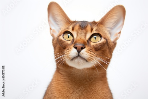 Environmental portrait photography of a tired abyssinian cat investigating against a white background. With generative AI technology © Markus Schröder