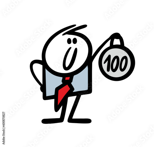 Cartoon stickman in a business suit easily holds a heavy weight in an outstretched hand. Vector illustration of a businessman athlete.