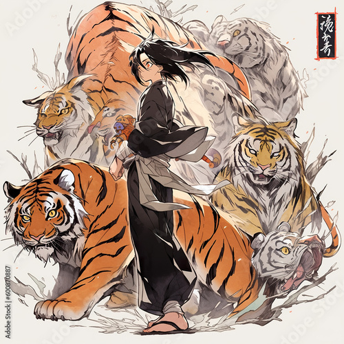 A person standing in front of a bunch of tigers. Generative AI. Immortal tiger ninja