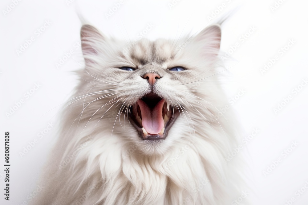 Medium shot portrait photography of a happy neva masquerade cat meowing against a white background. With generative AI technology