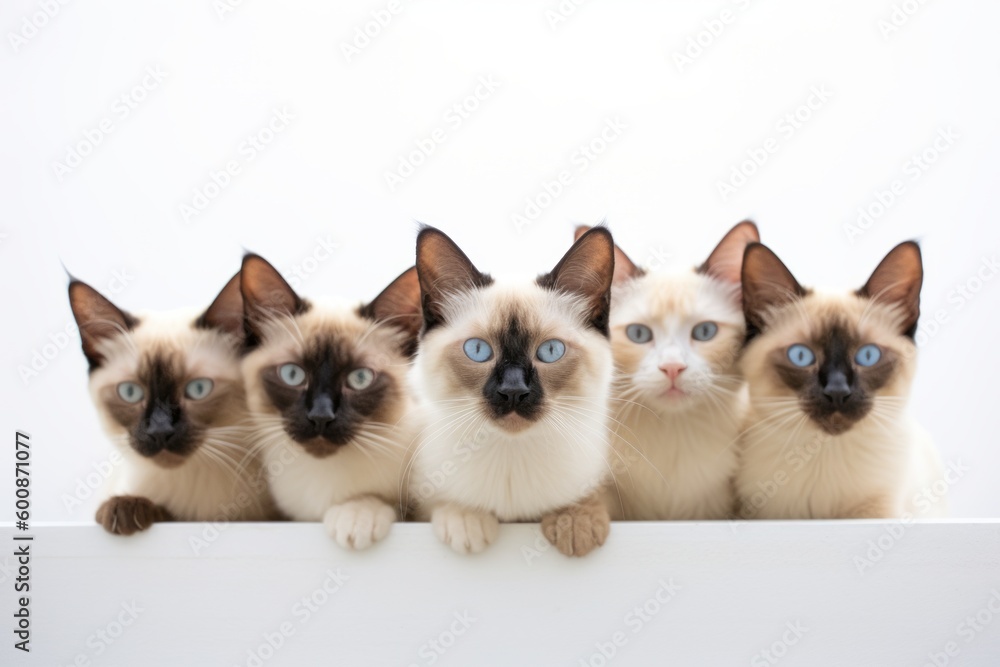 Group portrait photography of a happy balinese cat wall climbing against a white background. With generative AI technology