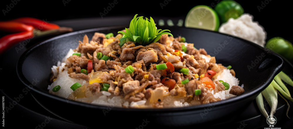 A black bowl filled with rice and meat. Generative AI. Asian Filipino dish, food from Philippines Asian Filipino dish, food from Philippines