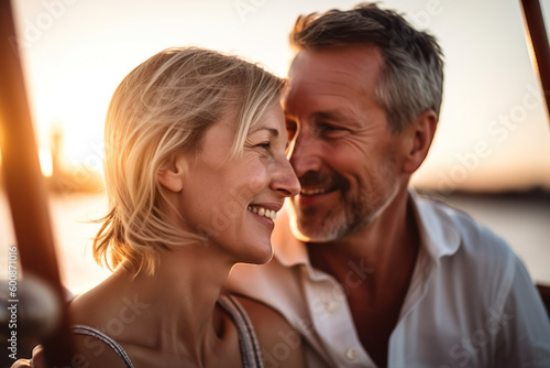 Happy senior couple in love enjoying a romantic sunset on yacht in the sea, AI Generative Generative AI © tilialucida