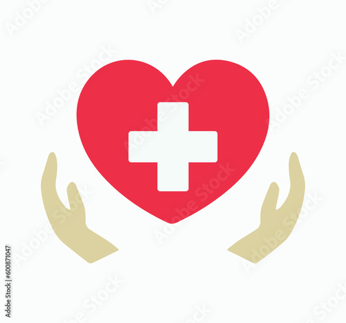 health care. medicine, care. health, treatment. heart, cross, hands icon