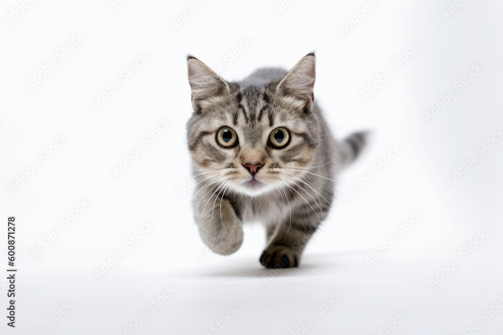 Medium shot portrait photography of a curious manx cat running against a white background. With generative AI technology