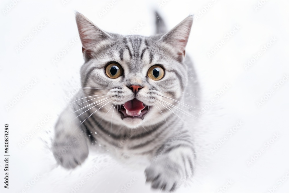 Lifestyle portrait photography of a smiling american shorthair cat sprinting against a white background. With generative AI technology