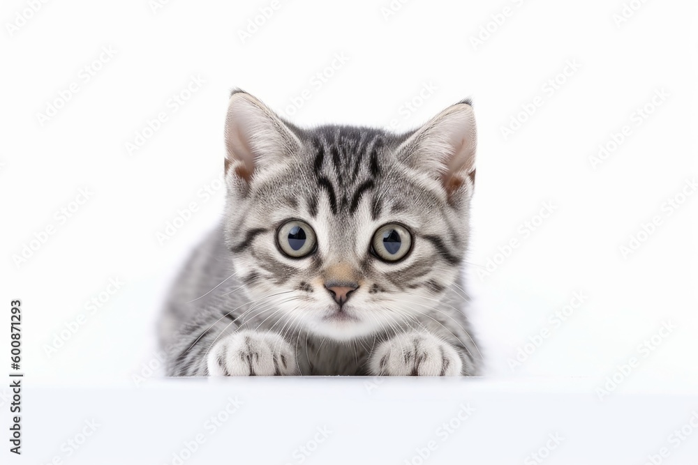 Medium shot portrait photography of a curious american shorthair cat crouching against a white background. With generative AI technology Medium shot portrait photography of a curious american shorthair cat crouching against a white background. With generative AI technology