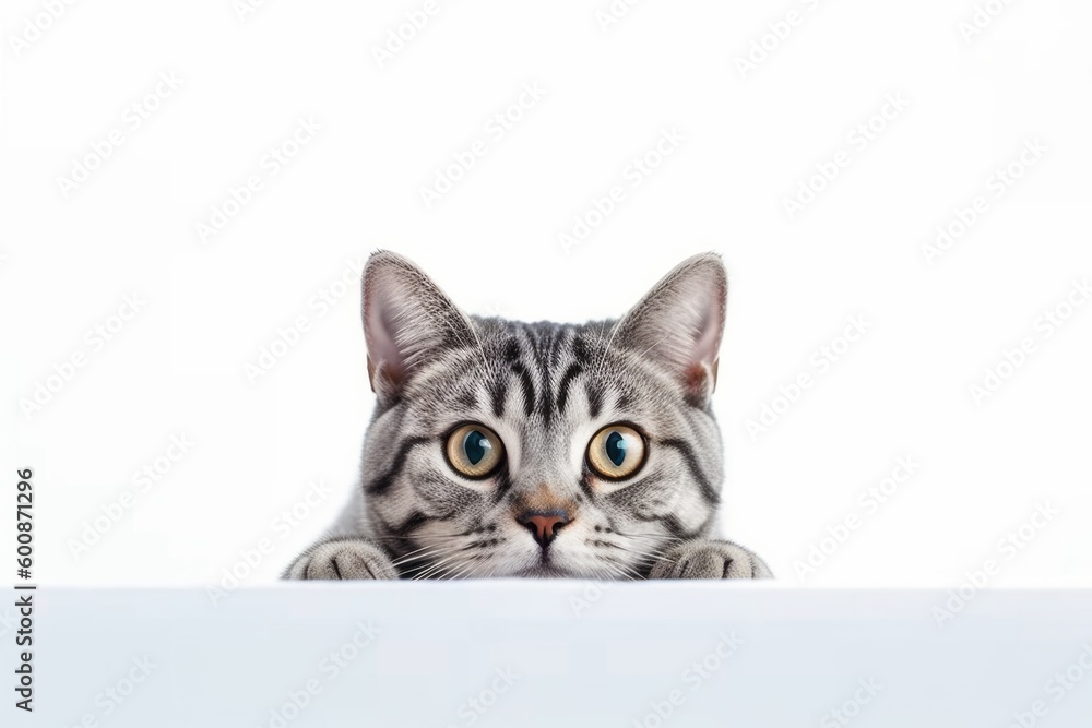 Medium shot portrait photography of a curious american shorthair cat crouching against a white background. With generative AI technology Medium shot portrait photography of a curious american shorthair cat crouching against a white background. With generative AI technology