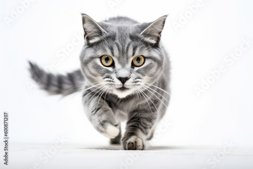Medium shot portrait photography of a curious manx cat running against a white background. With generative AI technology