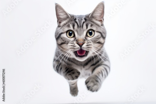 Lifestyle portrait photography of a smiling american shorthair cat sprinting against a white background. With generative AI technology © Markus Schröder