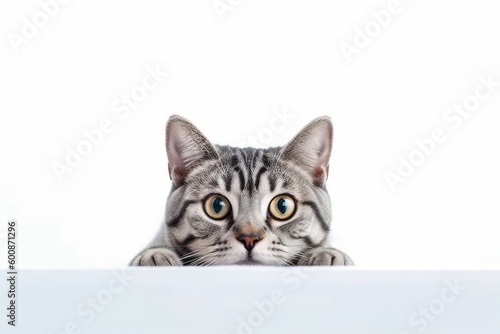 Medium shot portrait photography of a curious american shorthair cat crouching against a white background. With generative AI technology © Markus Schröder
