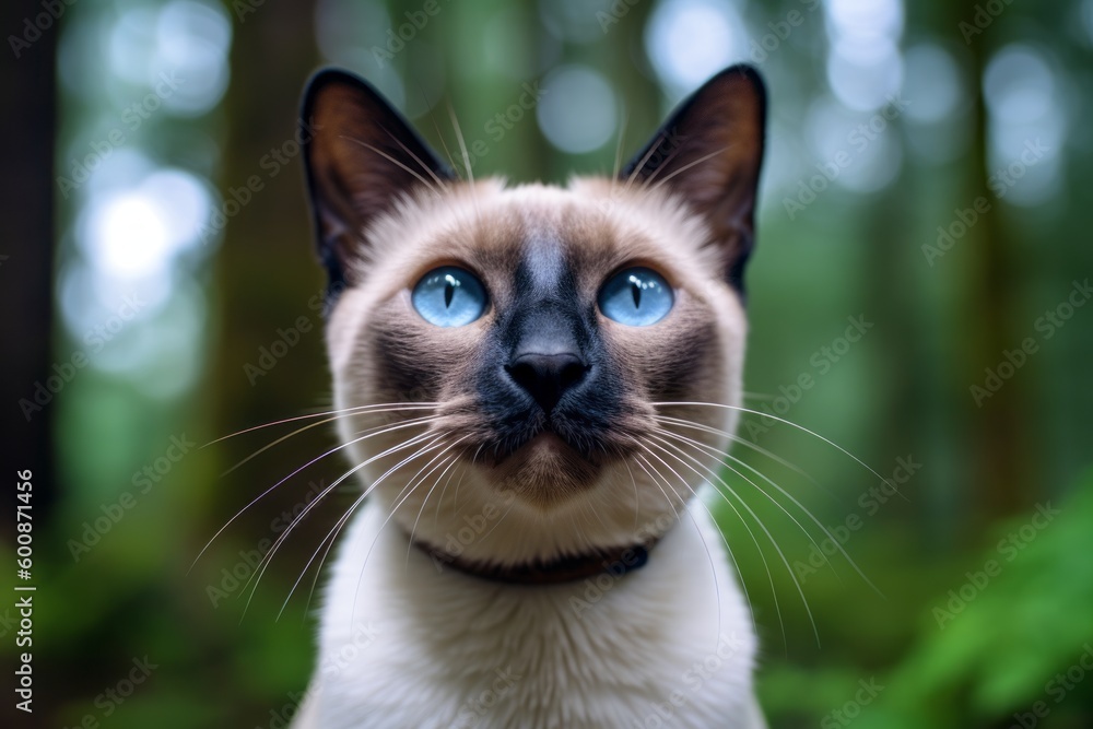 Headshot portrait photography of a happy siamese cat begging for food against a forest background. With generative AI technology Headshot portrait photography of a happy siamese cat begging for food against a forest background. With generative AI technology