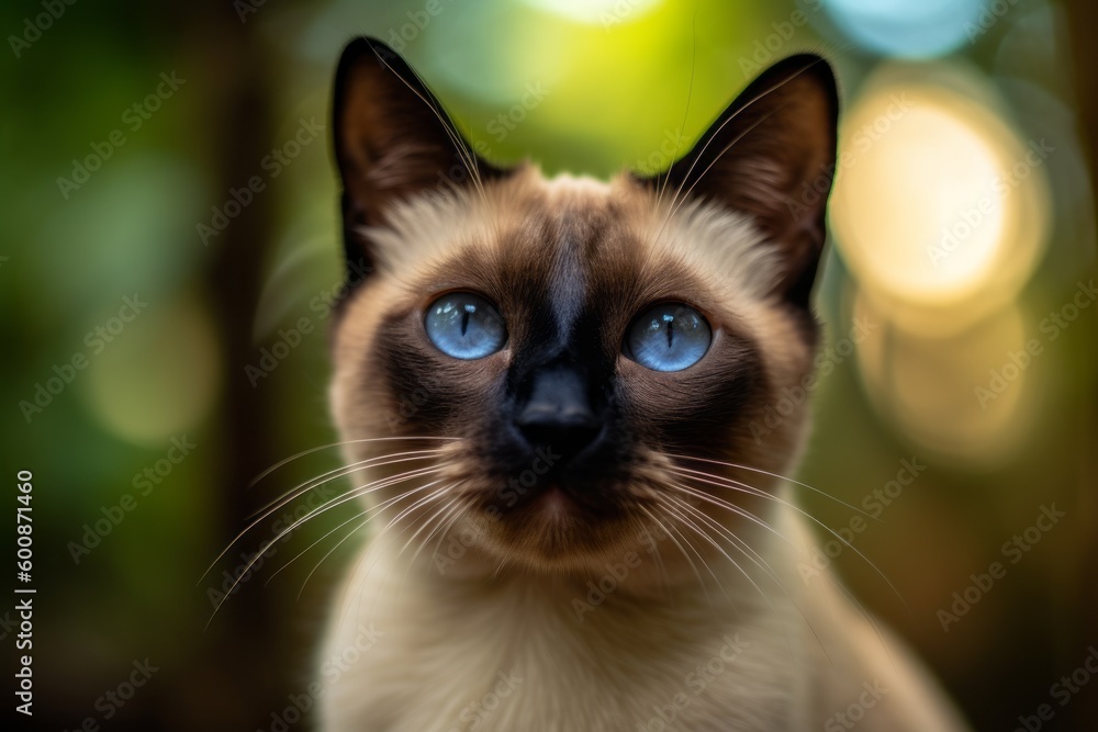 Headshot portrait photography of a happy siamese cat begging for food against a forest background. With generative AI technology