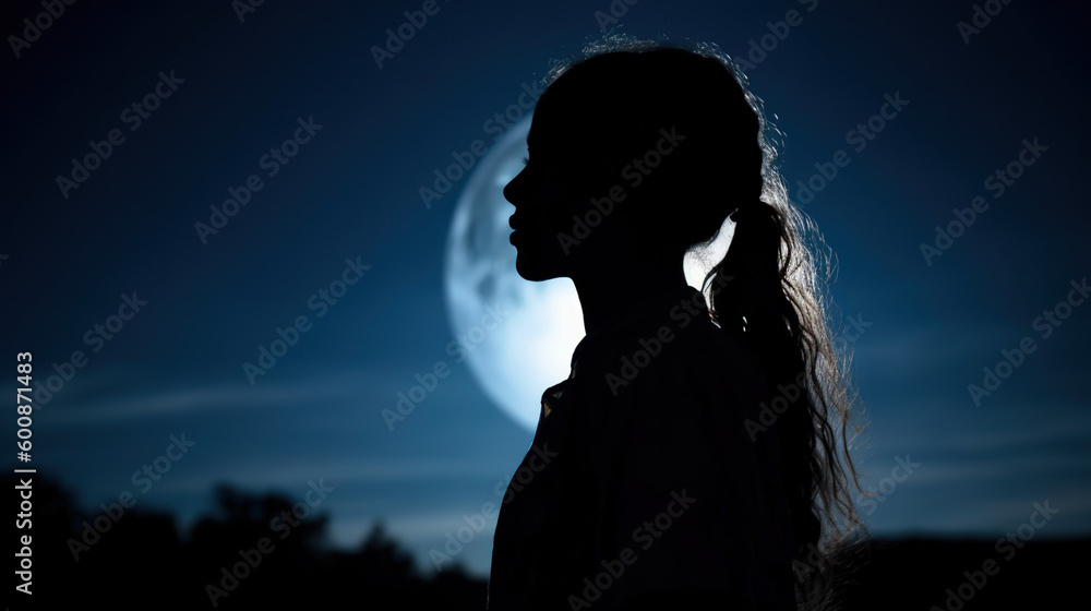 Girl Silhoutte with light of the moon in back, generate with Ai generative tools.