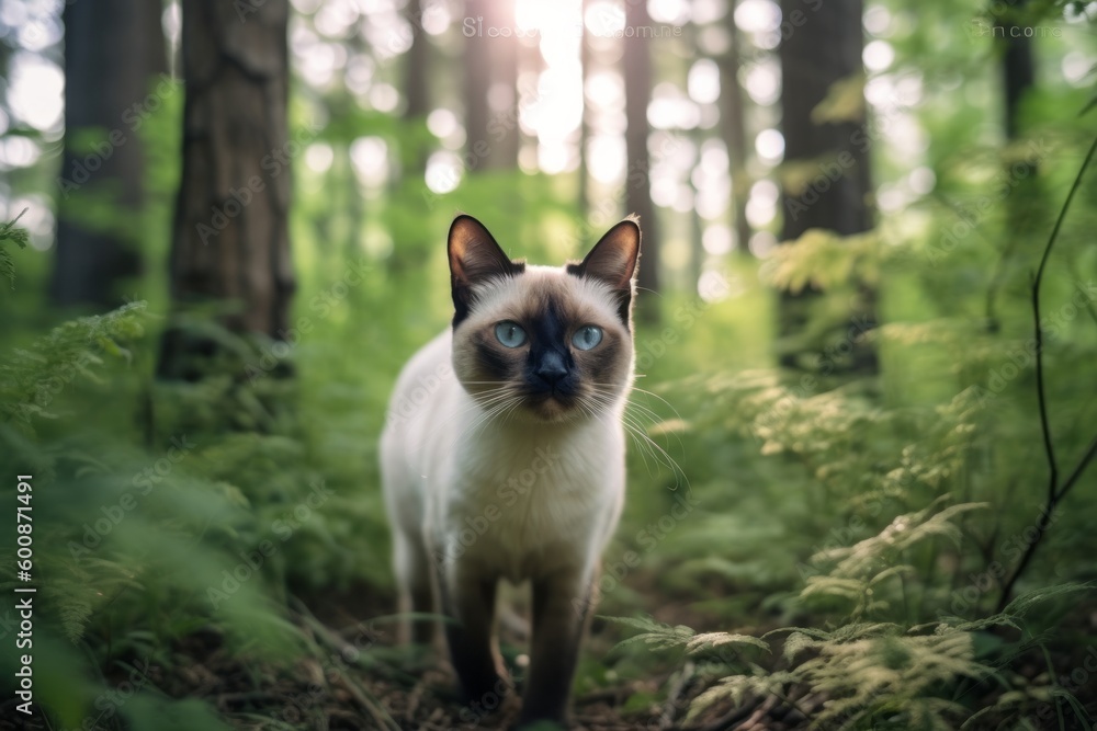 Conceptual portrait photography of a happy siamese cat back-arching against a forest background. With generative AI technology
