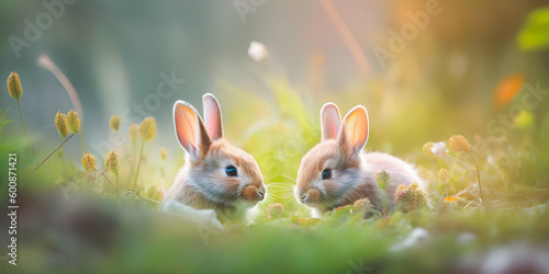Fluffy bunnies in a meadow during summer time, sunshine dream atmosphere, soft focus, copyspace background - generative AI
