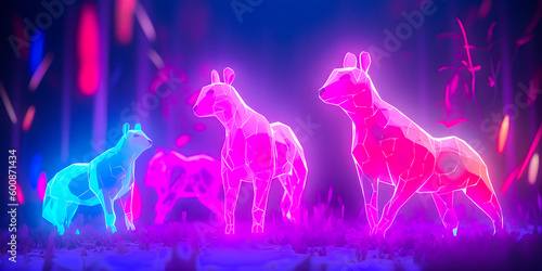 Neon fantasy animals with purple glow, dream atmosphere, soft focus copyspace background - generative AI © Alan