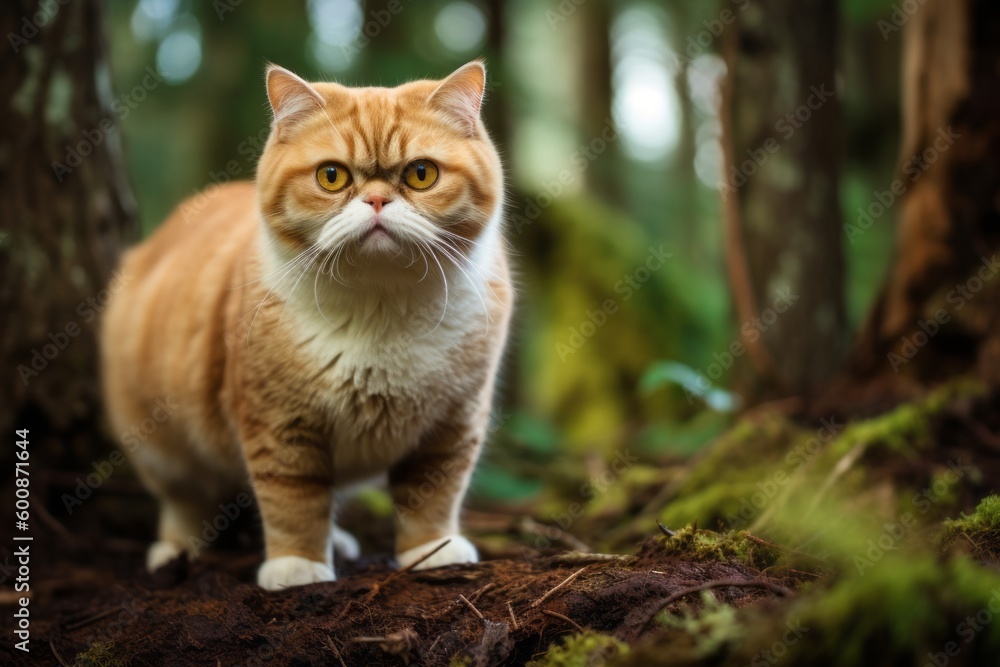 Full-length portrait photography of a curious exotic shorthair cat skulking against a forest background. With generative AI technology
