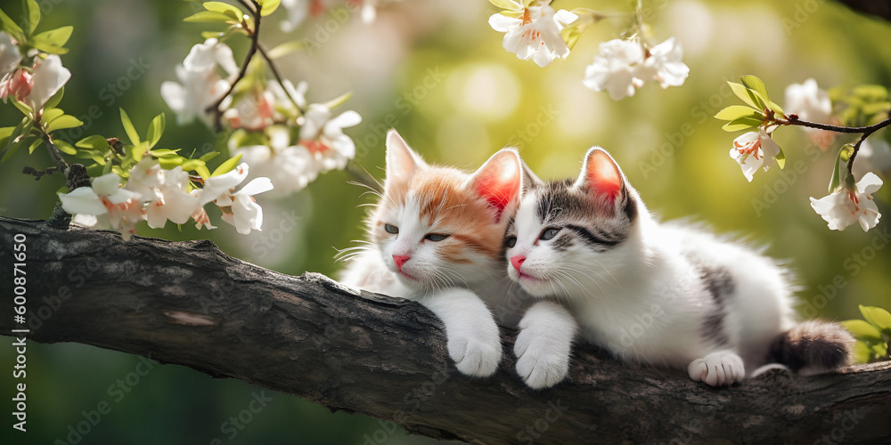 Two kittens relaxing on a branch of a blossoming tree, dream atmosphere, adorable animals, copyspace - generative AI - obrazy, fototapety, plakaty 