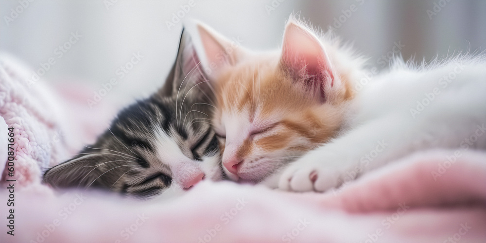 Very cute kittens sleeping in woolen blankets, soft focus, dreamy atmosphere, adorable animals - generative AI