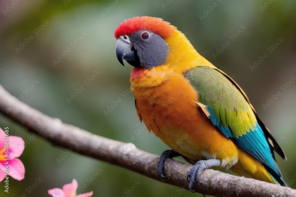 Sun conure parrots perching on a branch with tropical leaves everywhere in a tropical rainforest. Wildlife concept of ecological environment. Generative AI