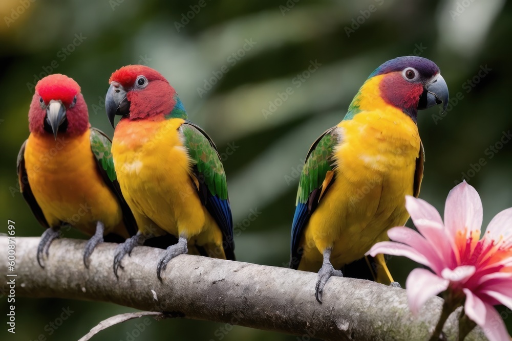 Sun conure parrots perching on a branch with tropical leaves everywhere in a tropical rainforest. Wildlife concept of ecological environment. Generative AI Sun conure parrots perching on a branch with tropical leaves everywhere in a tropical rainforest. Wildlife concept of ecological environment. Generative AI