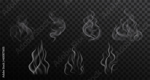 Set of realistic hot steam isolated on transparent backdrop. Vector illustration of white food or drink smoke 