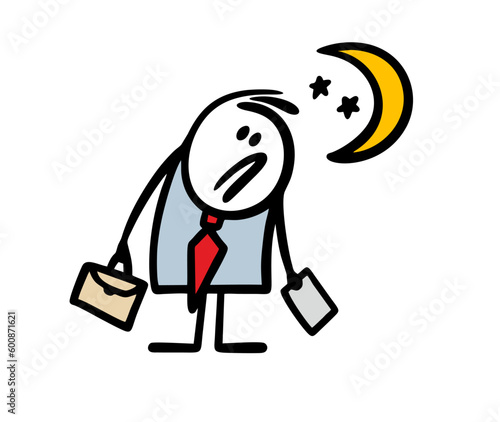 Frustrated businessman in an office suit with a briefcase and documents does work until night. Vector illustration of an unhappy tortured employee under the moon and stars.