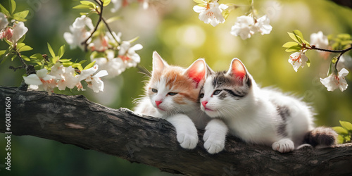 Fotografie, Obraz Two kittens relaxing on a branch of a blossoming tree, dream atmosphere, adorabl