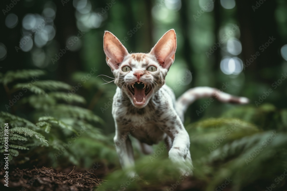 Lifestyle portrait photography of a smiling devon rex cat running against a forest background. With generative AI technology