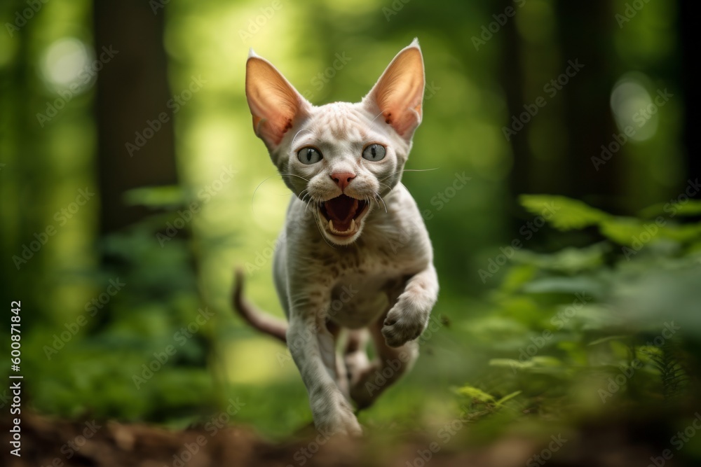 Lifestyle portrait photography of a smiling devon rex cat running against a forest background. With generative AI technology Lifestyle portrait photography of a smiling devon rex cat running against a forest background. With generative AI technology